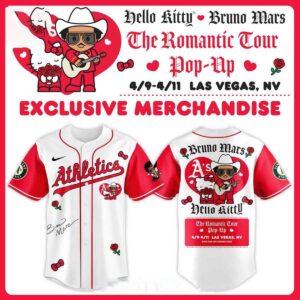 Oakland Athletics Hello Kitty Bruno Mars Romantic Tour 2026 Pop-Up Jersey. White jersey, red details, A's, Hello Kitty, Bruno Mars, roses, tour dates.