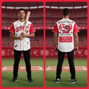 Oakland Athletics Hello Kitty Bruno Mars Romantic Tour 2026 Pop-Up Jersey. White jersey, red details, A's, Hello Kitty, Bruno Mars, roses, tour dates.