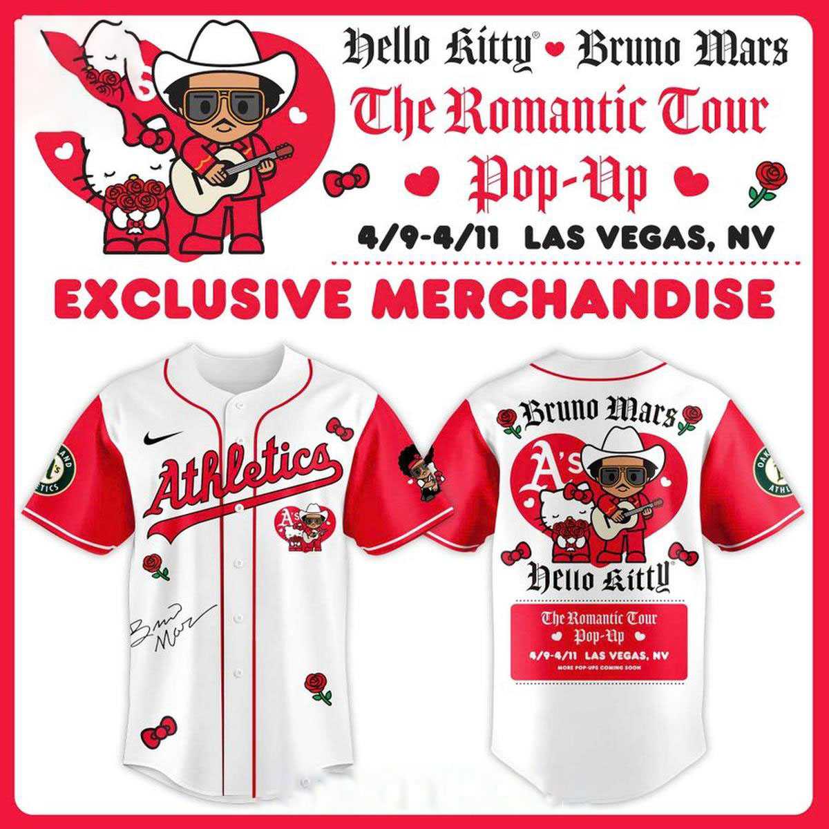 Oakland Athletics Hello Kitty Bruno Mars Romantic Tour 2026 Pop-Up Jersey Oakland Athletics Hello Kitty Bruno Mars Romantic Tour 2026 Pop-Up Jersey