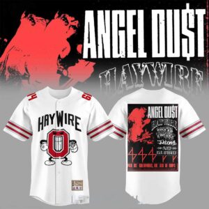 Ohio State Buckeyes 2026 Haywire Show 614 Baseball Jersey: white, red stripes, front 'Haywire' O, back Angel Dust band graphic.