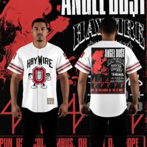 Ohio State Buckeyes 2026 Haywire Show 614 Baseball Jersey: white, red stripes, front 'Haywire' O, back Angel Dust band graphic.