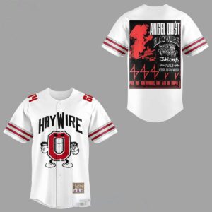 Ohio State Buckeyes 2026 Haywire Show 614 Baseball Jersey: white, red stripes, front 'Haywire' O, back Angel Dust band graphic.