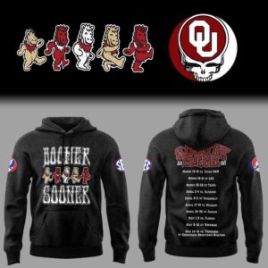Oklahoma Sooners Grateful Dead Boomer Sooner Night 2026 Tee Hoodie. Front: 'BOOMER SOONER' & Dead bears. Back: event details & logos.
