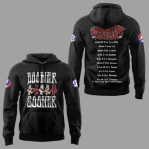 Oklahoma Sooners Grateful Dead Boomer Sooner Night 2026 Tee Hoodie. Front: 'BOOMER SOONER' & Dead bears. Back: event details & logos.