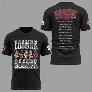 Oklahoma Sooners Grateful Dead Boomer Sooner Night 2026 Tee Hoodie. Front: 'BOOMER SOONER' & Dead bears. Back: event details & logos.