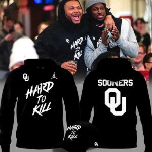 Oklahoma Sooners Hard To Kill Hoodie, black with white 'Hard To Kill' text, OU logo, Jumpman on front; 'SOONERS' and large OU logo on back.