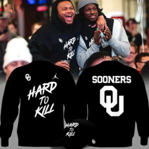 Oklahoma Sooners Hard To Kill Hoodie, black with white 'Hard To Kill' text, OU logo, Jumpman on front; 'SOONERS' and large OU logo on back.