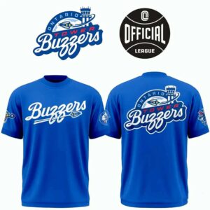 Ontario Tower Buzzers 2026 Special Shirt, Hoodie in vibrant blue with white 'Buzzers' text on front, team logo on back and sleeves.