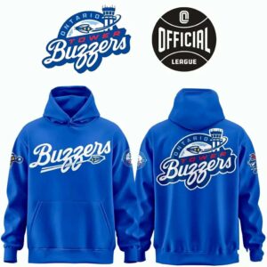 Ontario Tower Buzzers 2026 Special Shirt, Hoodie in vibrant blue with white 'Buzzers' text on front, team logo on back and sleeves.