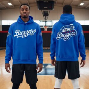 Ontario Tower Buzzers 2026 Special Shirt, Hoodie in vibrant blue with white 'Buzzers' text on front, team logo on back and sleeves.