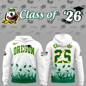 Oregon Ducks Class off 2026 Special Hoodie, white and green, with 'OREGON' and 'CLASS OF 26' graduation graphics.