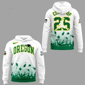 Oregon Ducks Class off 2026 Special Hoodie, white and green, with 'OREGON' and 'CLASS OF 26' graduation graphics.