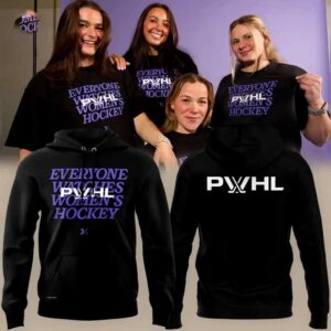 PWHL Everyone Watches Women's Hockey Hoodie. Man in black hoodie with purple 'Everyone Watches Women's Hockey' text on front, white 'PWHL' logo on back.
