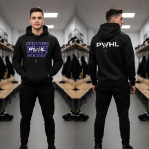 PWHL Everyone Watches Women's Hockey Hoodie. Man in black hoodie with purple 'Everyone Watches Women's Hockey' text on front, white 'PWHL' logo on back.