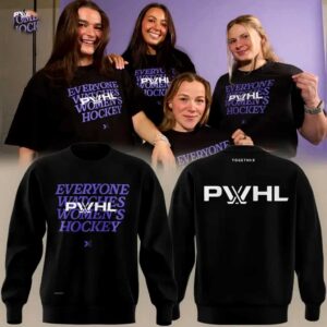 PWHL Everyone Watches Women's Hockey Hoodie. Man in black hoodie with purple 'Everyone Watches Women's Hockey' text on front, white 'PWHL' logo on back.