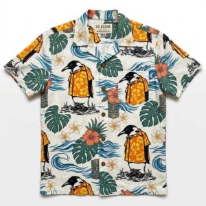 Penguin wearing a Hawaiian shirt for men, an all-over print with penguins in orange aloha shirts, monstera, hibiscus, tiki.