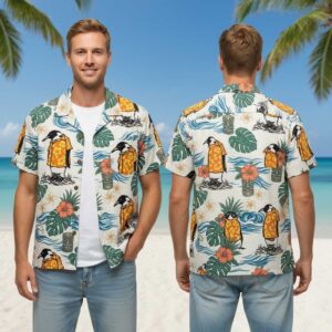 Penguin wearing a Hawaiian shirt for men, an all-over print with penguins in orange aloha shirts, monstera, hibiscus, tiki.