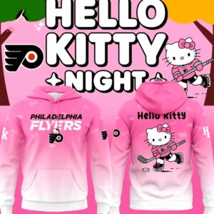 Philadelphia Flyers Hello Kitty 2026 Hoodie, pink ombre design, Flyers logo, Hello Kitty playing hockey on back.