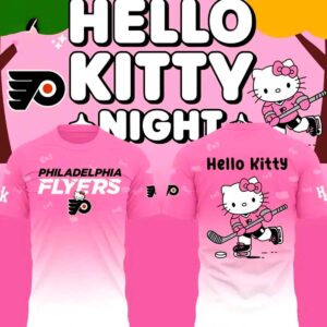 Philadelphia Flyers Hello Kitty 2026 Hoodie, pink ombre design, Flyers logo, Hello Kitty playing hockey on back.