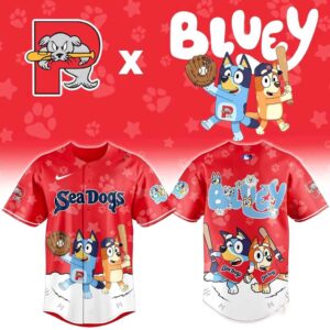 Portland Sea Dogs Bluey Baseball Jersey: red with paw prints, 'Sea Dogs' logo, Bluey & Bingo playing baseball graphic.