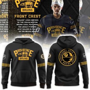 Providence Bruins Star Wars Night 2026 Join The Dark Side Tee Hoodie, black with gold Bruins & Star Wars logos, worn by man on ice.