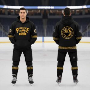 Providence Bruins Star Wars Night 2026 Join The Dark Side Tee Hoodie, black with gold Bruins & Star Wars logos, worn by man on ice.