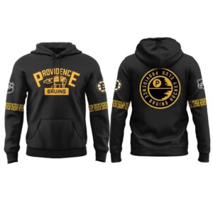 Providence Bruins Star Wars Night 2026 Join The Dark Side Tee Hoodie, black with gold Bruins & Star Wars logos, worn by man on ice.