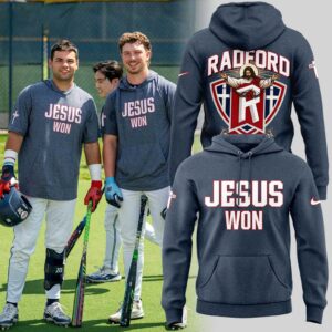 Radford University Jesus Won Cross Baseball Graphic Hoodie, front 'JESUS WON', back 'RADFORD' with Jesus on cross logo.