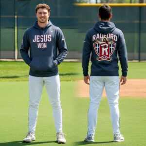 Radford University Jesus Won Cross Baseball Graphic Hoodie, front 'JESUS WON', back 'RADFORD' with Jesus on cross logo.