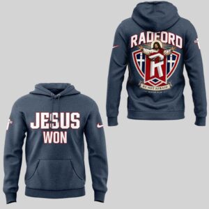 Radford University Jesus Won Cross Baseball Graphic Hoodie, front 'JESUS WON', back 'RADFORD' with Jesus on cross logo.