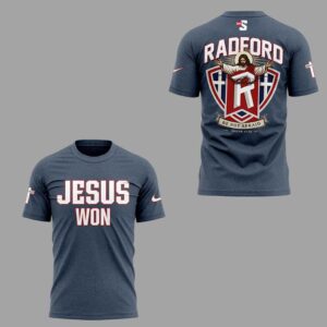 Radford University Jesus Won Cross Baseball Graphic Hoodie, front 'JESUS WON', back 'RADFORD' with Jesus on cross logo.