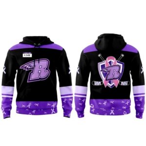 Rapid City Rush Our 2026 Rush Fights Cancer Hoodie: A black & purple design with the R logo, hockey sticks & awareness ribbons.