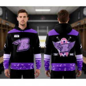 Rapid City Rush Our 2026 Rush Fights Cancer Hoodie: A black & purple design with the R logo, hockey sticks & awareness ribbons.