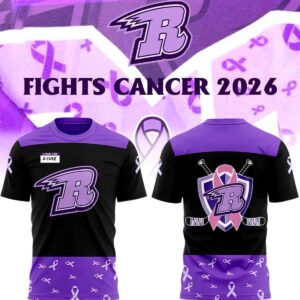Rapid City Rush Our 2026 Rush Fights Cancer Hoodie: A black & purple design with the R logo, hockey sticks & awareness ribbons.