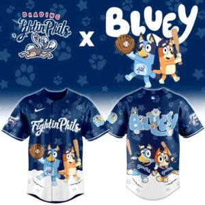 Reading Fightin Phils Bluey Night Baseball Jersey. Blue shirt with Bluey, Bingo, and friends in baseball poses, paw print pattern.