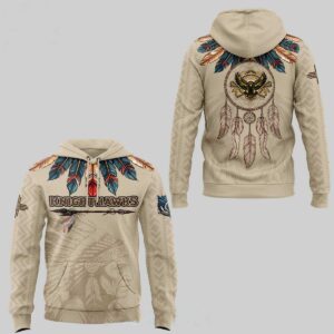 Rochester Knighthawks Native American Heritage 2026 Night Shirt Hoodie: Beige hoodie with feather collar, Knighthawks text, dreamcatcher with eagle, tribal patterns.