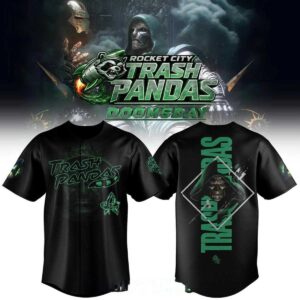 Rocket City Trash Pandas Avengers Doomsday 2026 Night Baseball Jersey, black, green 'Trash Pandas' text, raccoon logo, and dark hooded figure design.