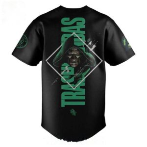 Rocket City Trash Pandas Avengers Doomsday 2026 Night Baseball Jersey, black, green 'Trash Pandas' text, raccoon logo, and dark hooded figure design.