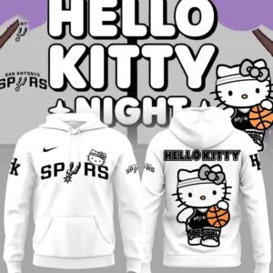 San Antonio Spurs Hello Kitty Hoodie. White. Front: Spurs logo, Hello Kitty head. Back: Large Hello Kitty playing basketball.