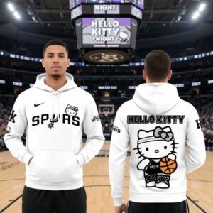 San Antonio Spurs Hello Kitty Hoodie. White. Front: Spurs logo, Hello Kitty head. Back: Large Hello Kitty playing basketball.