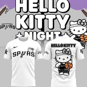 San Antonio Spurs Hello Kitty Hoodie. White. Front: Spurs logo, Hello Kitty head. Back: Large Hello Kitty playing basketball.