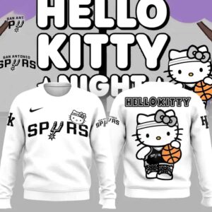 San Antonio Spurs Hello Kitty Hoodie. White. Front: Spurs logo, Hello Kitty head. Back: Large Hello Kitty playing basketball.