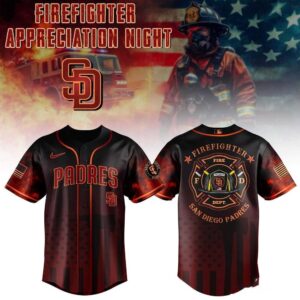 San Diego Padres Firefighter Appreciation Night 2026 Jersey, dark with red fiery stripes, 'PADRES' text, and flame details.
