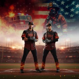 San Diego Padres Firefighter Appreciation Night 2026 Jersey, dark with red fiery stripes, 'PADRES' text, and flame details.