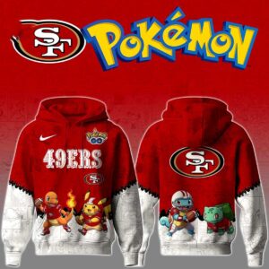 San Francisco 49ers Pokemon Hoodie: Red and white design with 49ers logo, Pikachu, Charmander, Squirtle, and Bulbasaur in football gear.