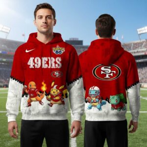 San Francisco 49ers Pokemon Hoodie: Red and white design with 49ers logo, Pikachu, Charmander, Squirtle, and Bulbasaur in football gear.