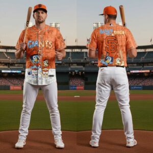 San Francisco Giants Bluey Bingo 2026 Jersey: Orange baseball jersey with Bluey & Bingo, GIANTS text, SF logo, and comic strip pattern.