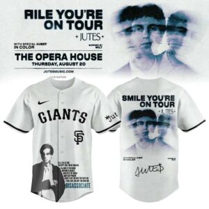 San Francisco Giants Jutes Smile You're On Tour Baseball Jersey, light grey, custom graphic design with text and images on front and back.