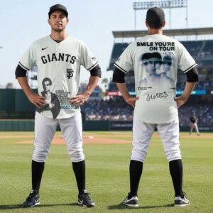 San Francisco Giants Jutes Smile You're On Tour Baseball Jersey, light grey, custom graphic design with text and images on front and back.