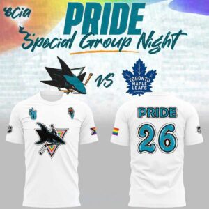 San Jose Sharks Pride Group Night 2026 Shirt Hoodie: Teal hoodie with rainbow-triangle shark logo, Pride flag sleeve, and back 'PRIDE 26'.